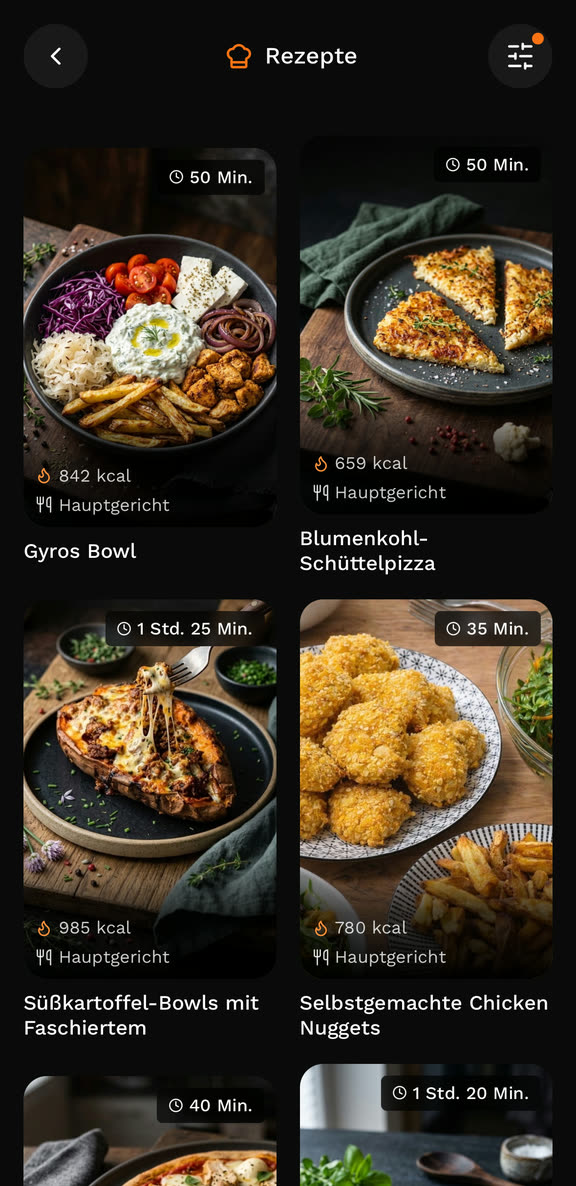 Die Rezepte in der App: Kacheln mit Foto, Zubereitungszeit und Kalorien