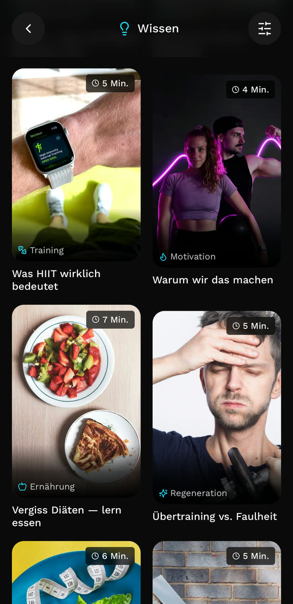 Die Wissensartikel in der App: Kacheln mit Foto, Lesezeit und Kategorie