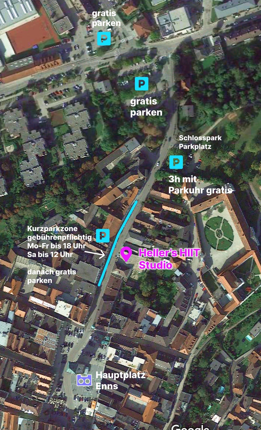Karte mit eingezeichneten Parkmöglichkeiten rund um das Studio